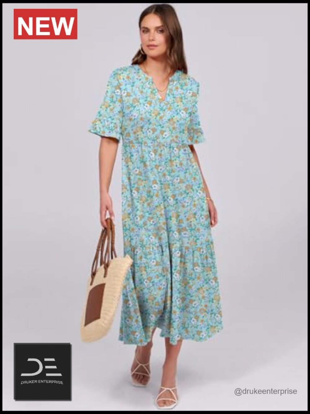 Ruffle Short Sleeve Maxi Dress, V-Neck Tiered with Pockets, Flowey Summer Dress - Picture 6 of 7
